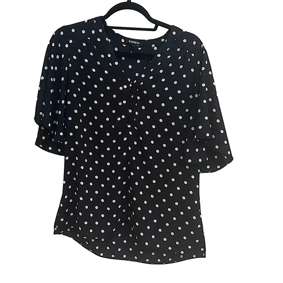 Express Black and White Polka Dot Blouse with Ruffle Sleeves in Women’s Large - Picture 1 of 7
